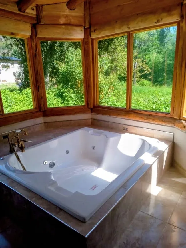 Bañera con hidromasaje interior y vista al bosque